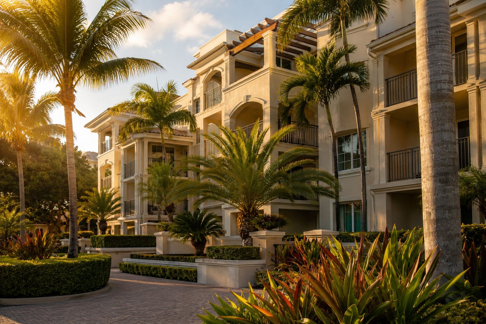 Florida condo buildings with balconies, palm trees, and landscaped walkways at sunset