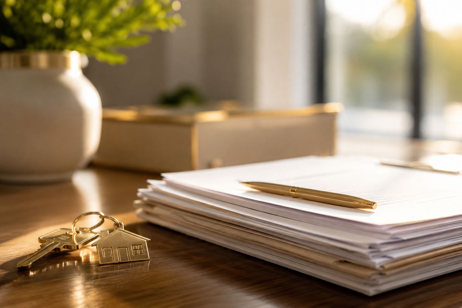 Stack of closing documents with a pen and house keys on a desk