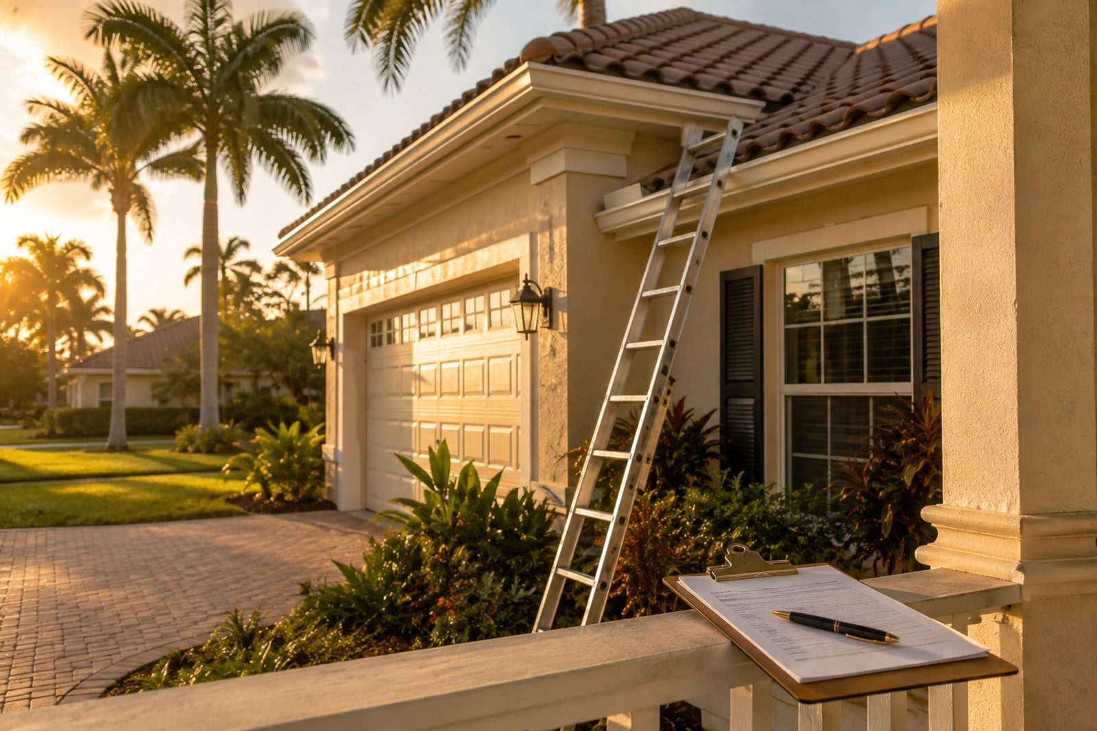Inspection ladder against the tile roof of a Florida home, with a clipboard and pen on the porch rail