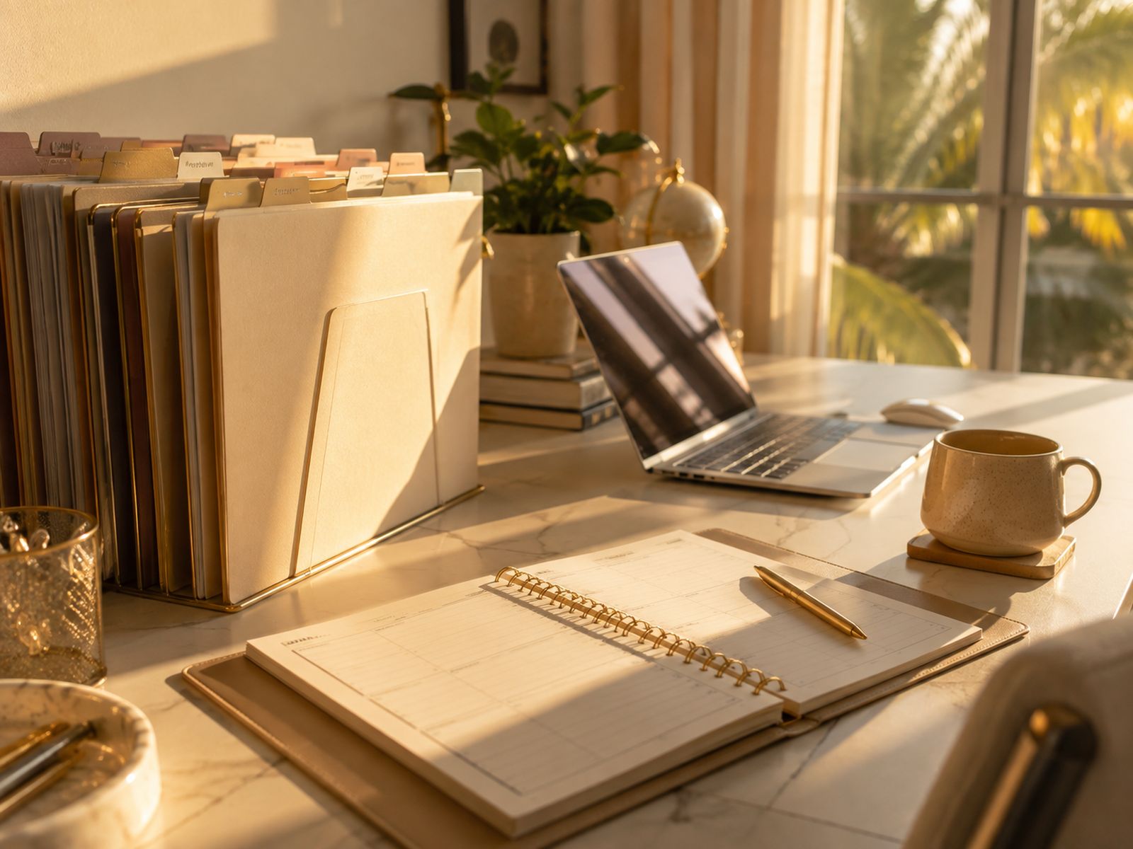 Organized desk with labeled transaction folders, a laptop, and an open planner