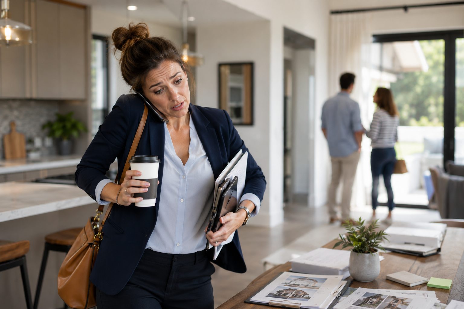 Overloaded real estate agent juggling phone, coffee, and paperwork during a showing