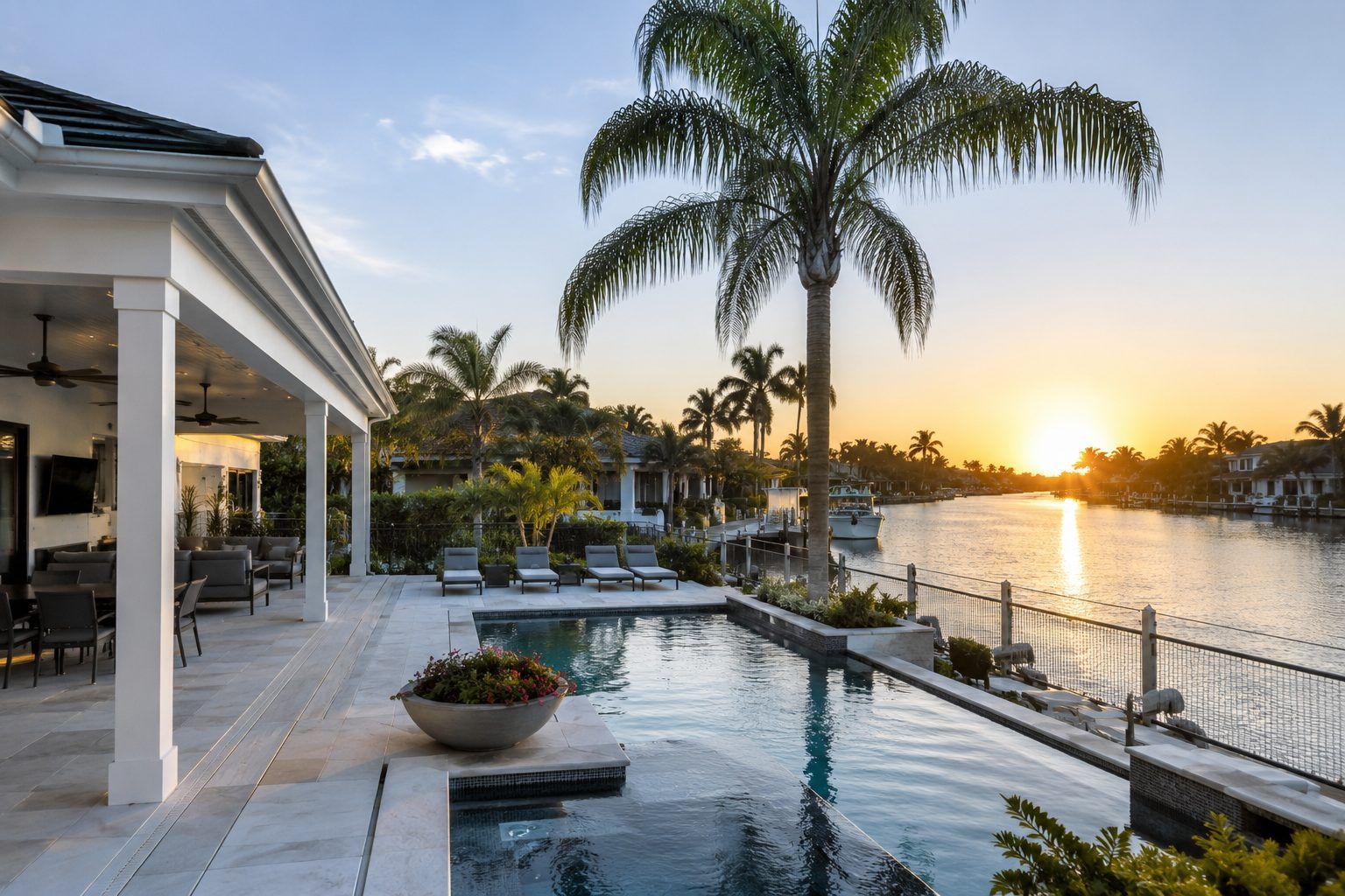 Luxury Florida canal home with pool and palm trees at golden hour