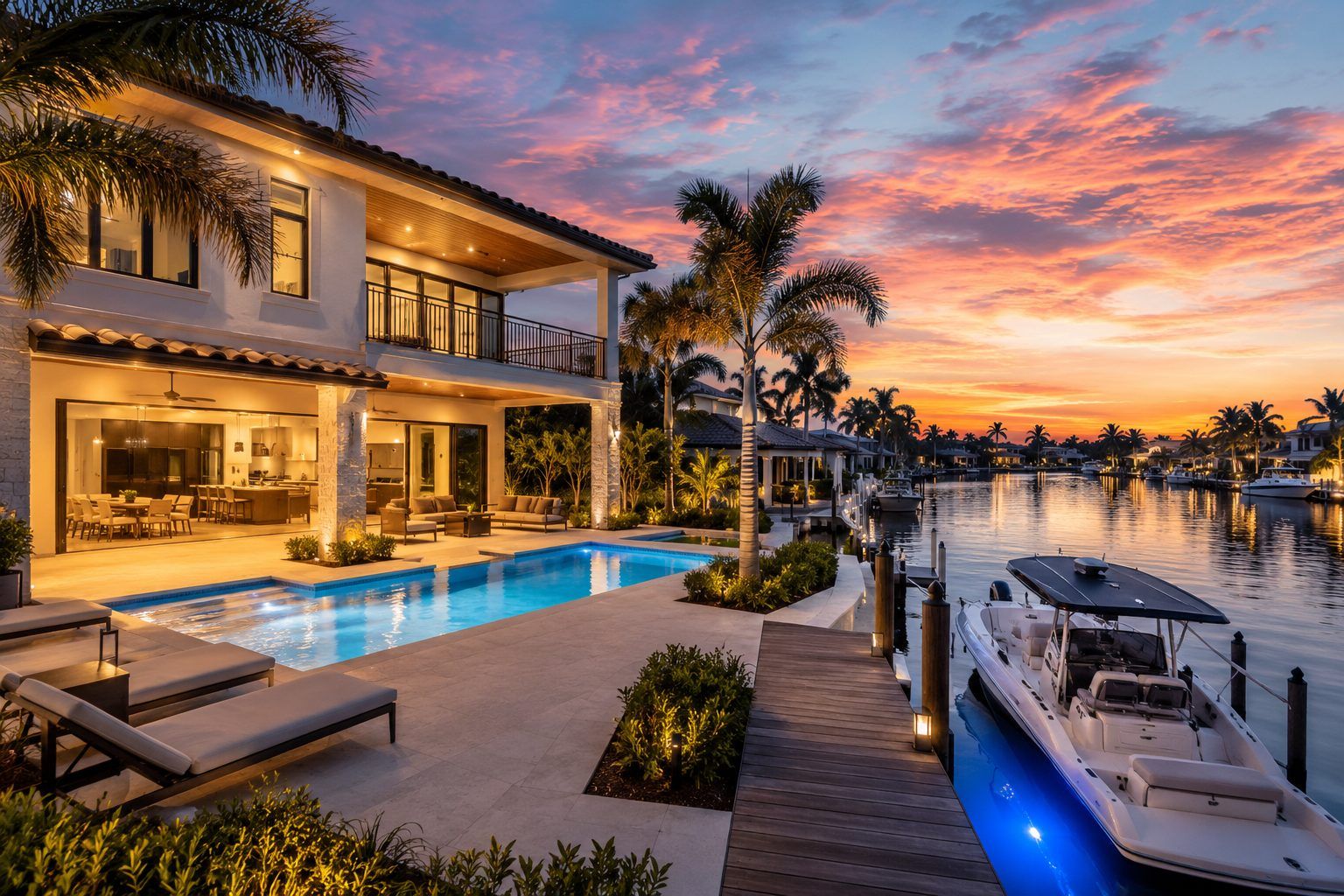 Florida waterfront home at dusk with a boat at the dock